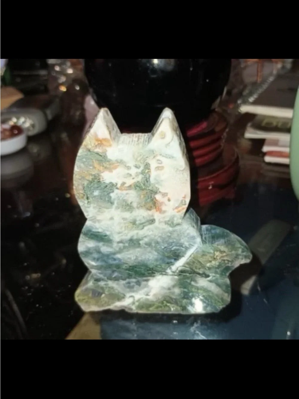 Moss Agate Cat Green & White Stone Figurine